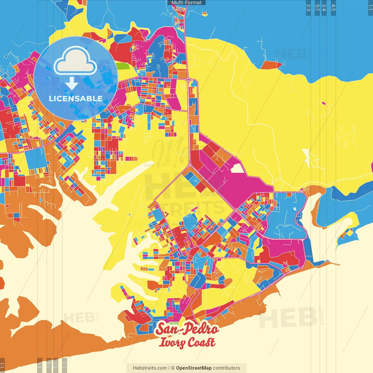San-Pedro, Ivory Coast Crazy Colorful Street Map Poster Template