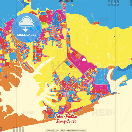 San-Pedro, Ivory Coast Crazy Colorful Street Map Poster Template
