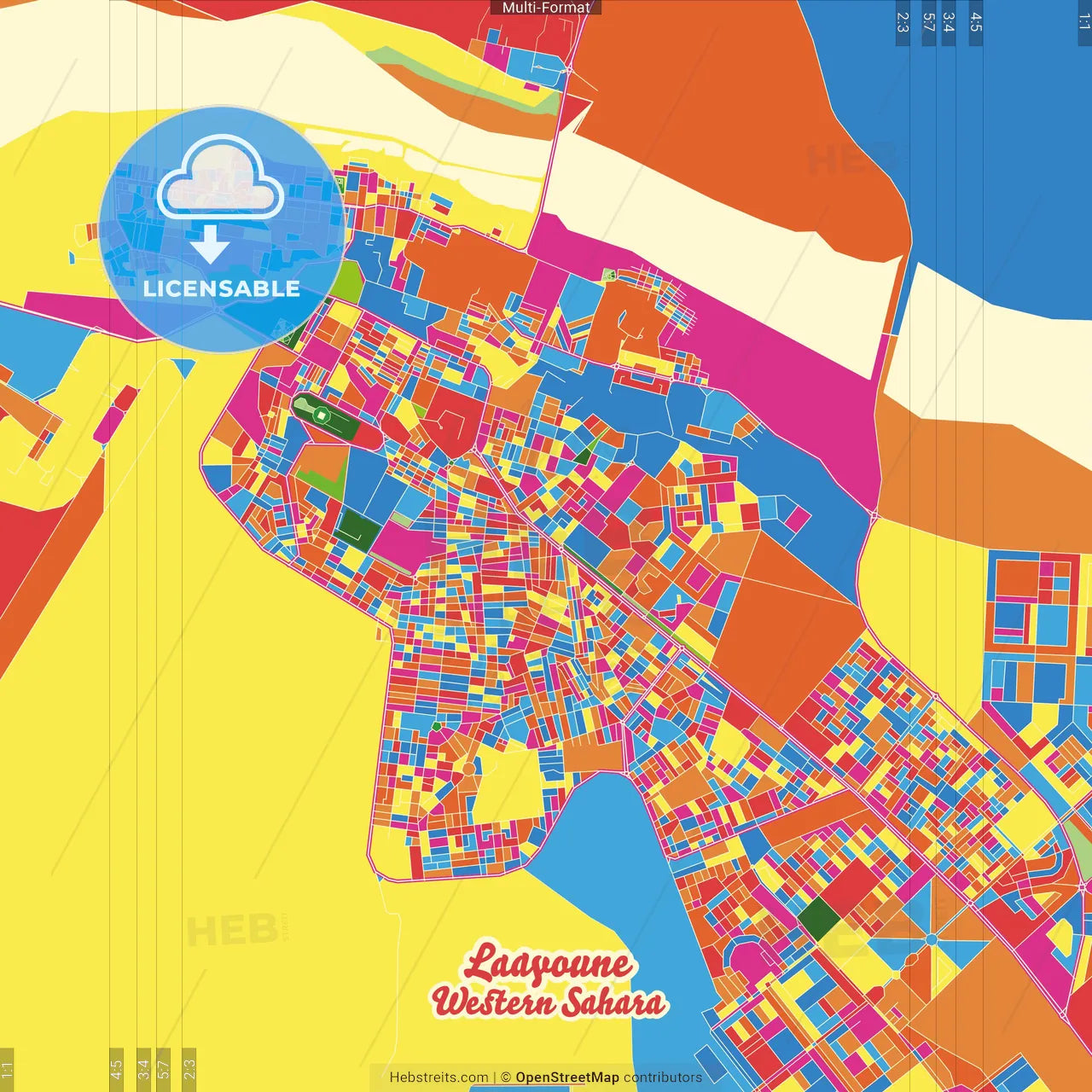 Laayoune, Western Sahara Crazy Colorful Street Map Poster Template