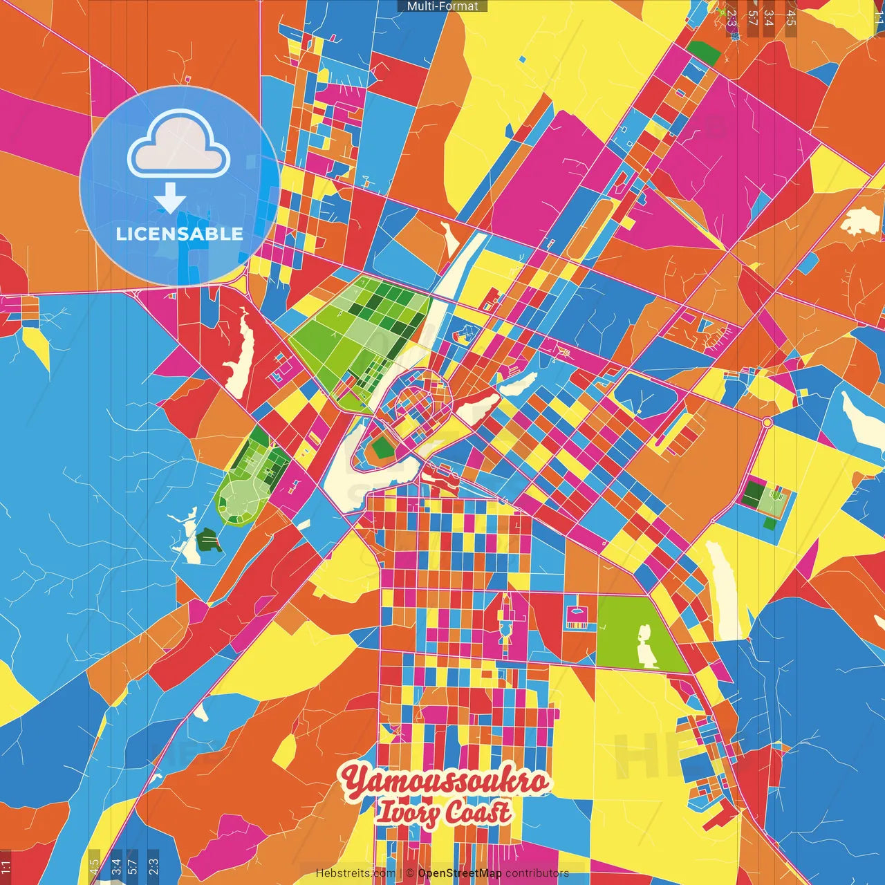 Yamoussoukro, Ivory Coast Crazy Colorful Street Map Poster Template