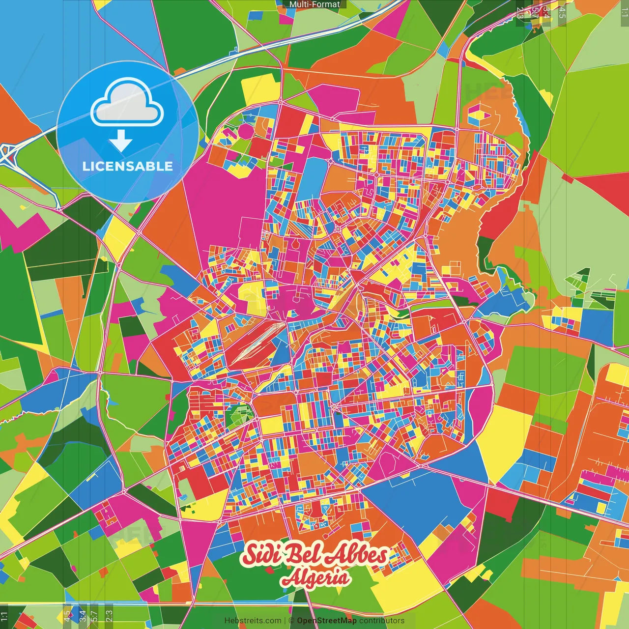 Sidi Bel Abbes, Algeria Crazy Colorful Street Map Poster Template