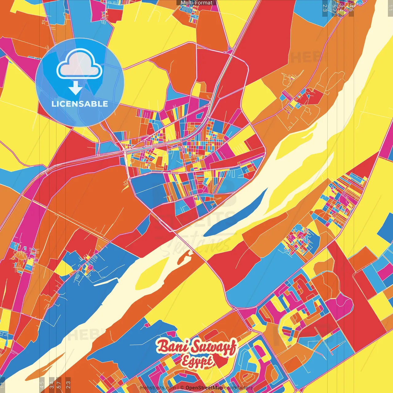Bani Suwayf, Egypt Crazy Colorful Street Map Poster Template