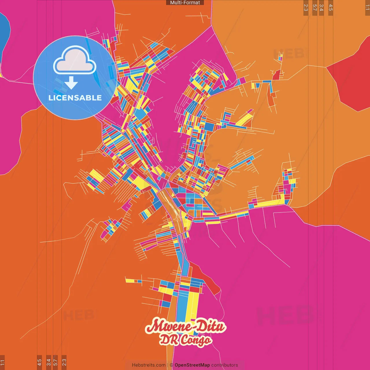 Mwene-Ditu, DR Congo Crazy Colorful Street Map Poster Template