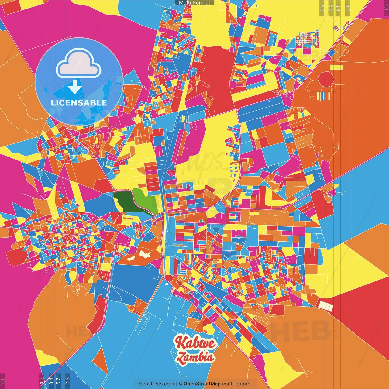 Kabwe, Zambia Crazy Colorful Street Map Poster Template