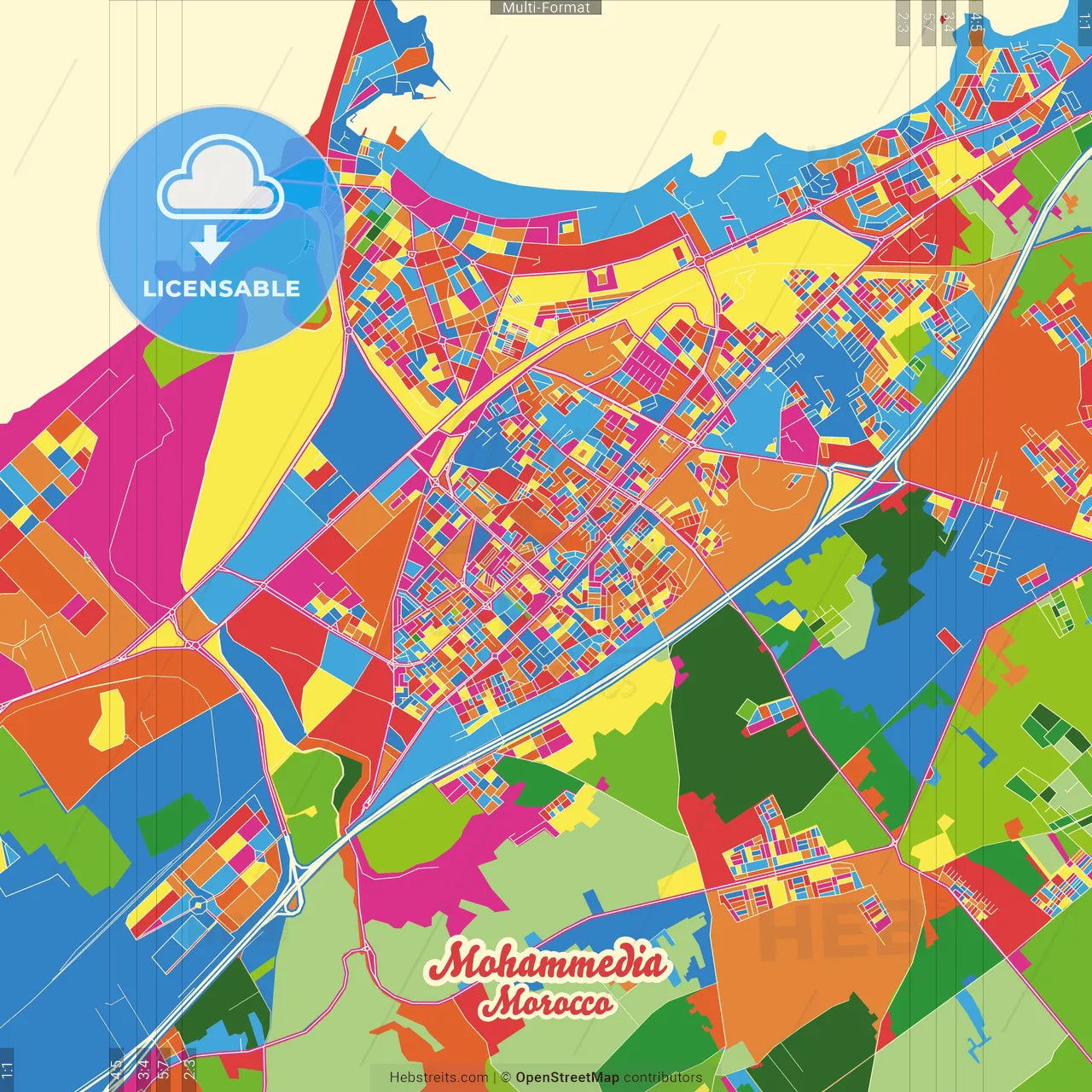 Mohammedia, Morocco Crazy Colorful Street Map Poster Template