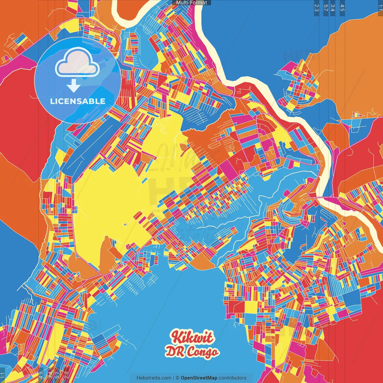 Kikwit, DR Congo Crazy Colorful Street Map Poster Template