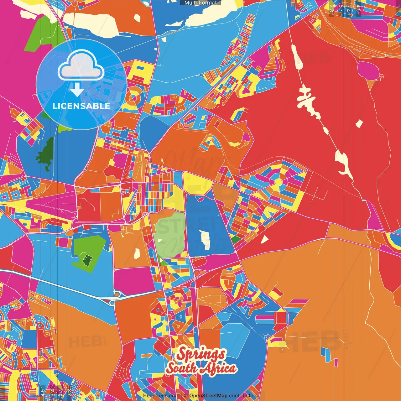 Springs, South Africa Crazy Colorful Street Map Poster Template