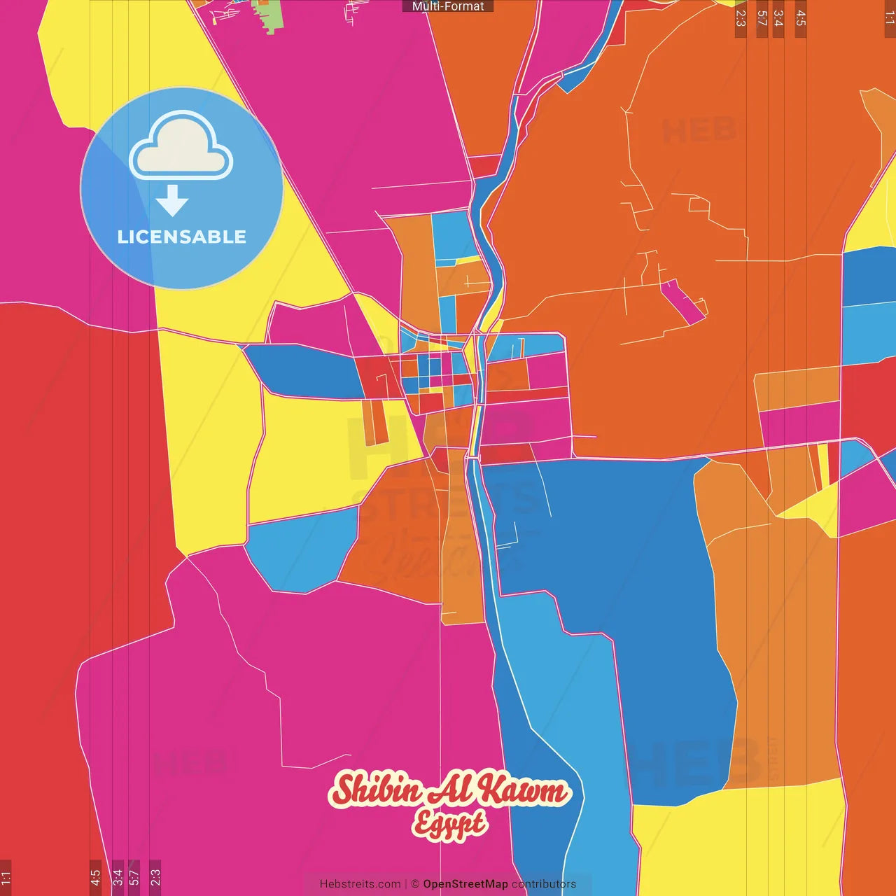 Shibin al Kawm, Egypt Crazy Colorful Street Map Poster Template