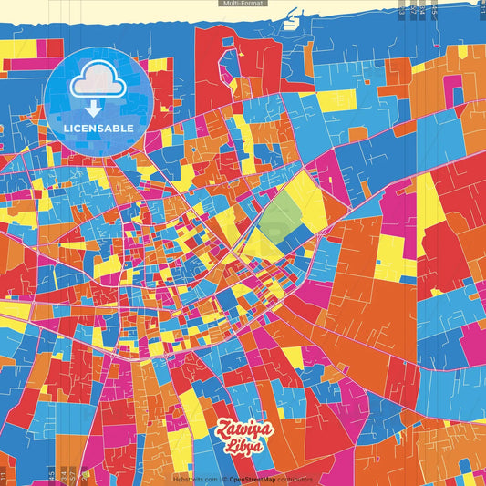 Zawiya, Libya Crazy Colorful Street Map Poster Template