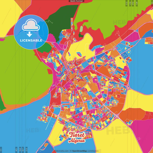 Tiaret, Algeria Crazy Colorful Street Map Poster Template