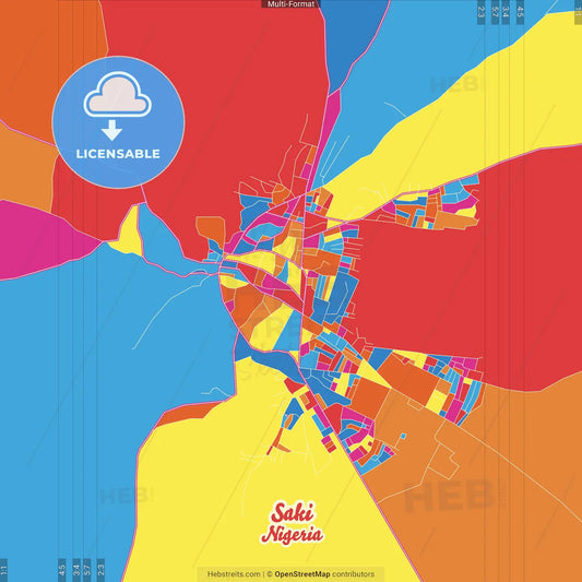 Saki, Nigeria Crazy Colorful Street Map Poster Template