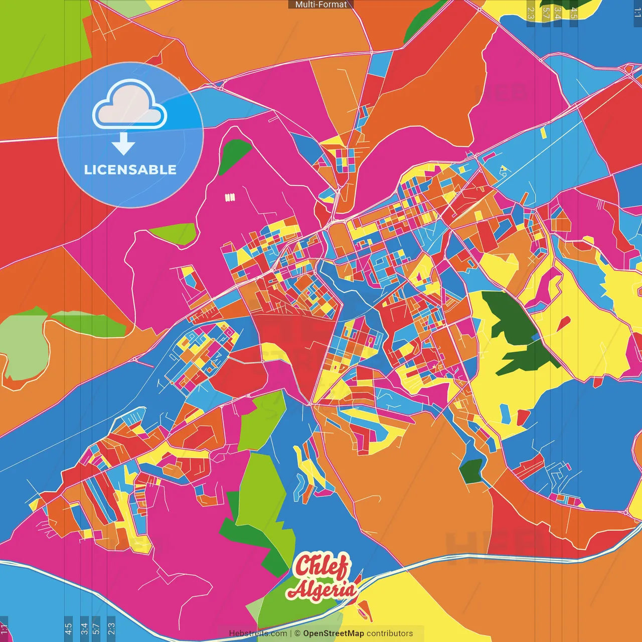 Chlef, Algeria Crazy Colorful Street Map Poster Template