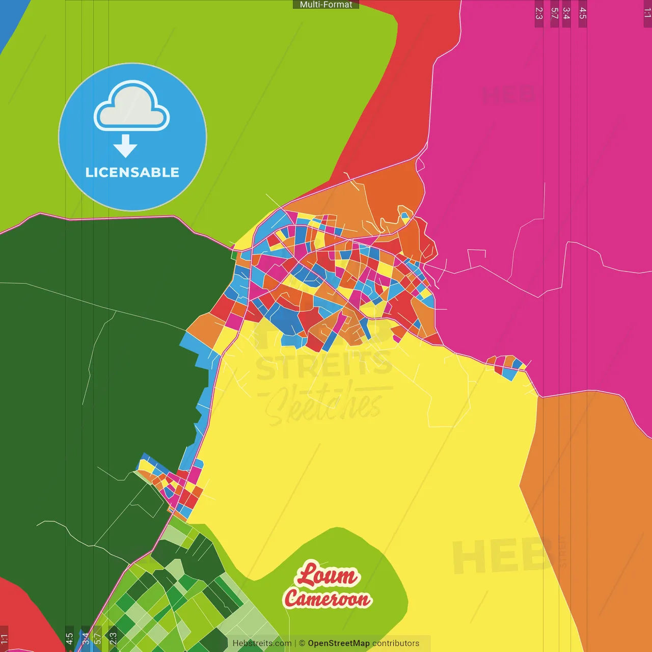 Loum, Cameroon Crazy Colorful Street Map Poster Template
