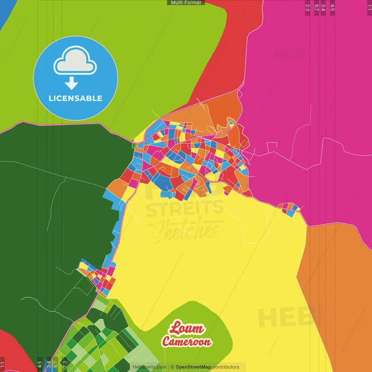Loum, Cameroon Crazy Colorful Street Map Poster Template