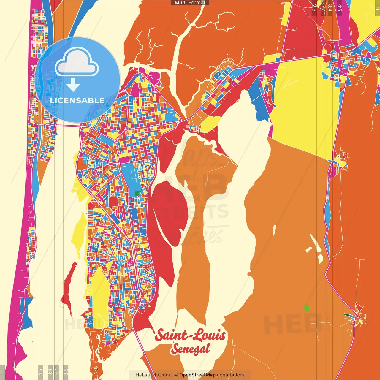 Saint-Louis, Senegal Crazy Colorful Street Map Poster Template