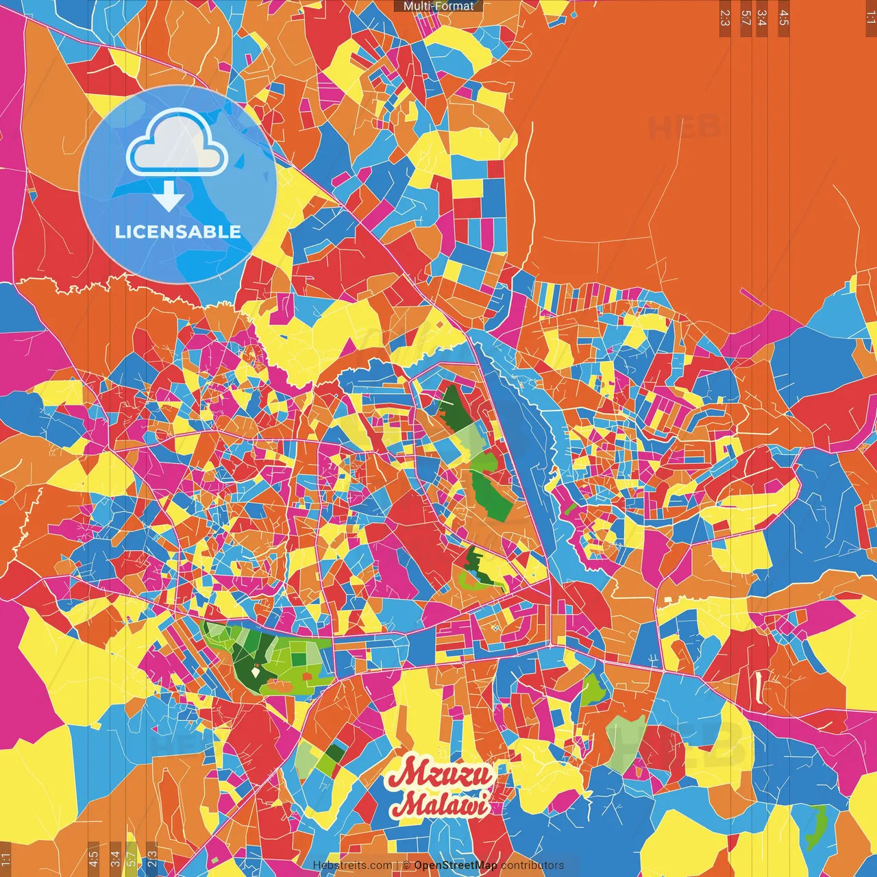 Mzuzu, Malawi Crazy Colorful Street Map Poster Template