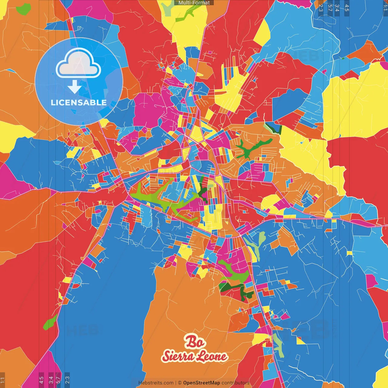 Bo, Sierra Leone Crazy Colorful Street Map Poster Template