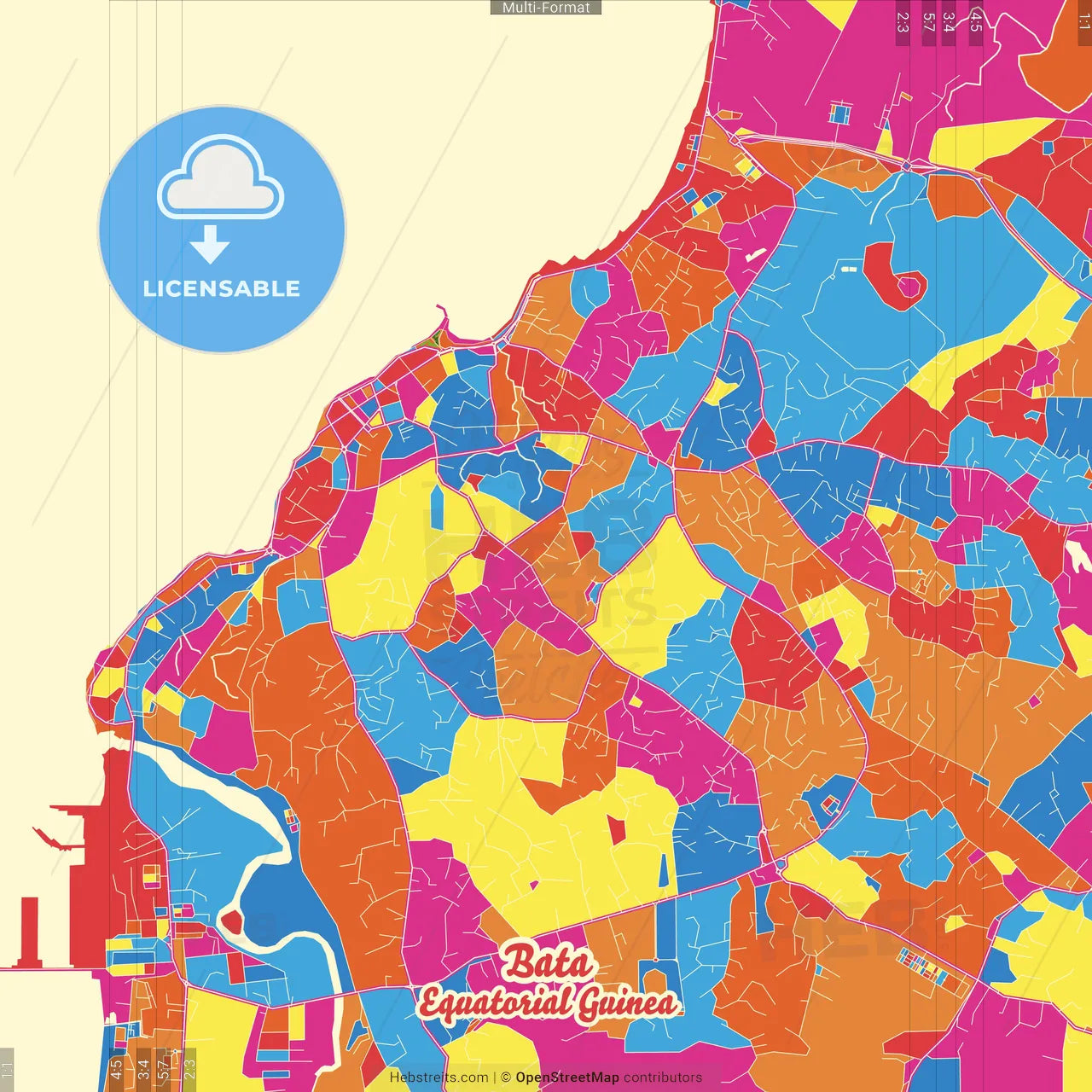 Bata, Equatorial Guinea Crazy Colorful Street Map Poster Template