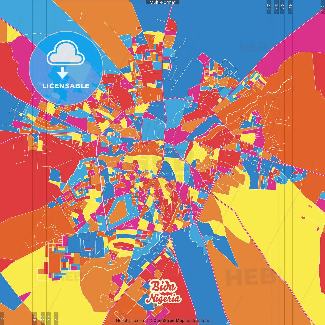 Bida, Nigeria Crazy Colorful Street Map Poster Template