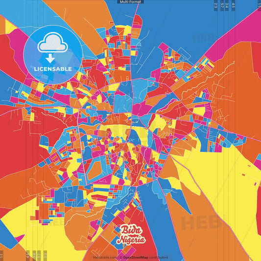 Bida, Nigeria Crazy Colorful Street Map Poster Template