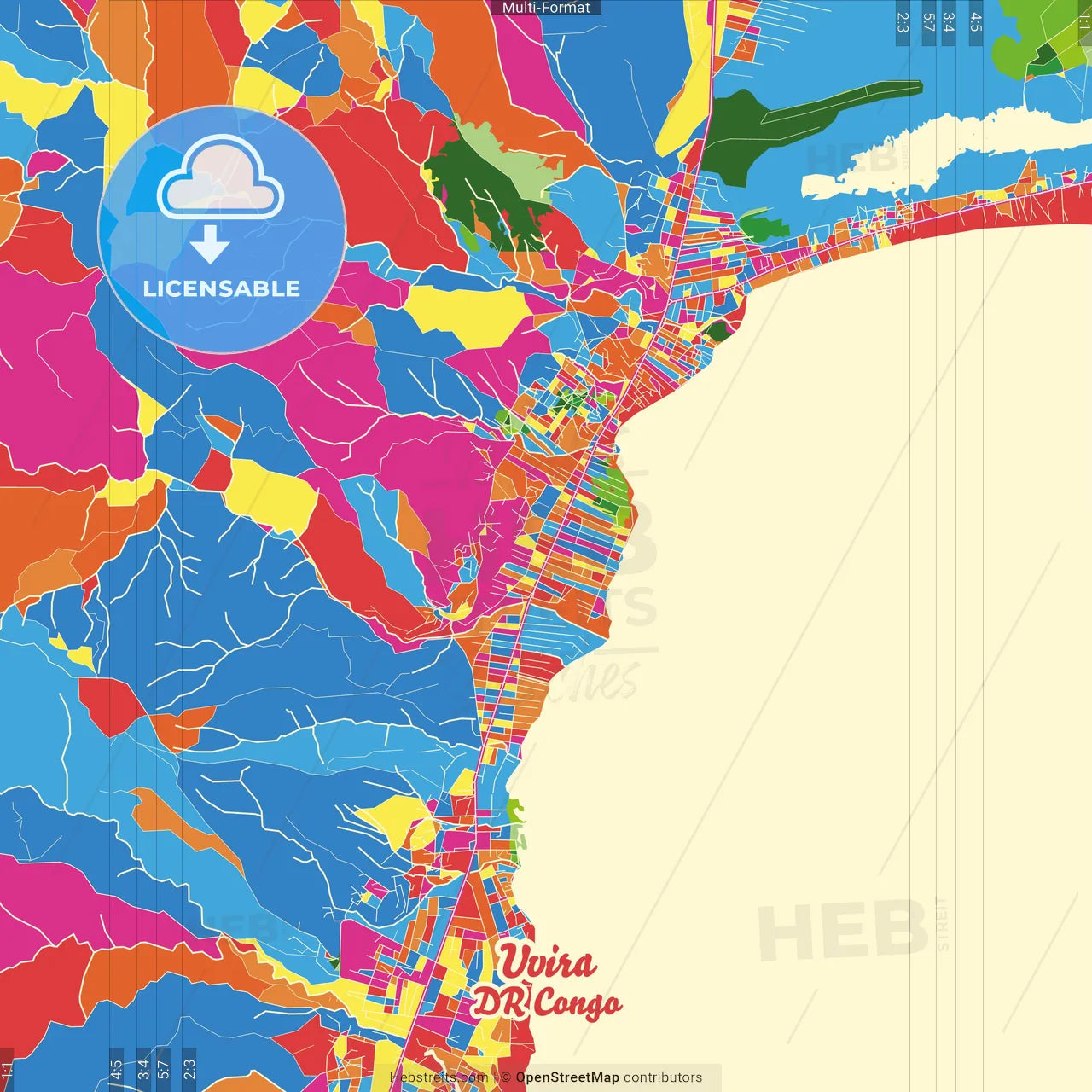 Uvira, DR Congo Crazy Colorful Street Map Poster Template