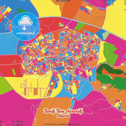 Bordj Bou Arreridj, Algeria Crazy Colorful Street Map Poster Template