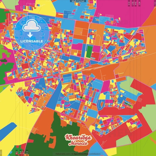 Khouribga, Morocco Crazy Colorful Street Map Poster Template