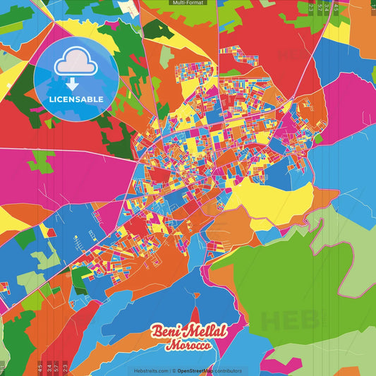 Beni Mellal, Morocco Crazy Colorful Street Map Poster Template
