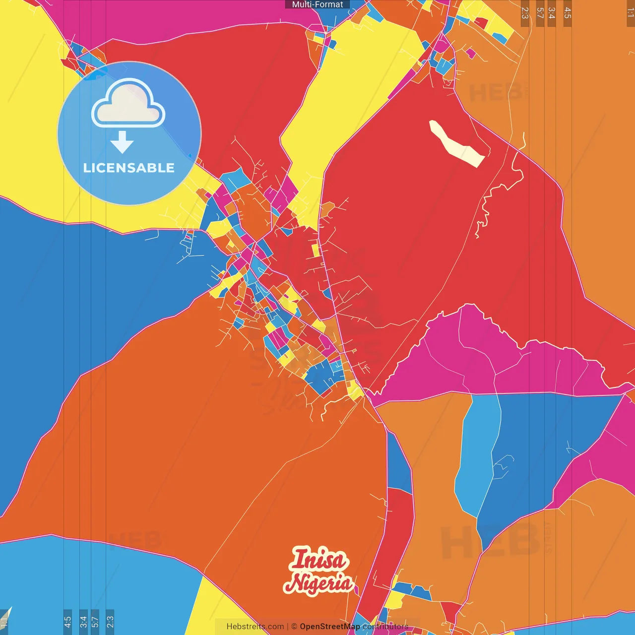 Inisa, Nigeria Crazy Colorful Street Map Poster Template