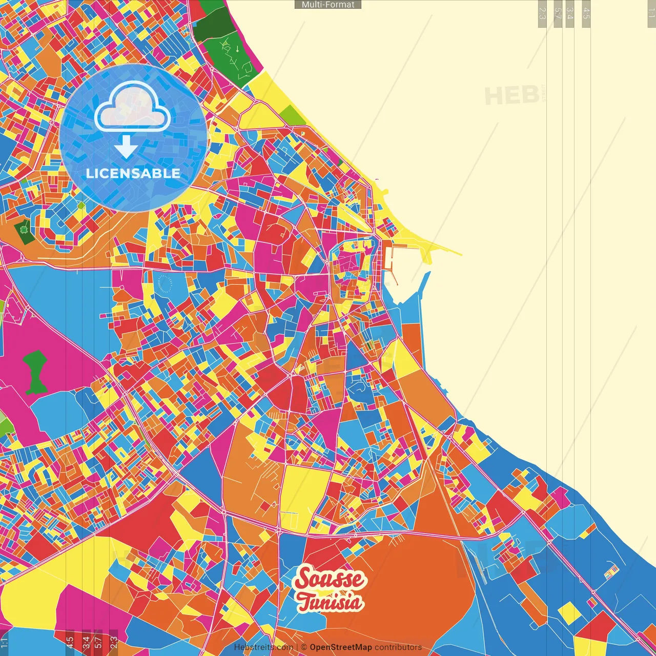 Sousse, Tunisia Crazy Colorful Street Map Poster Template