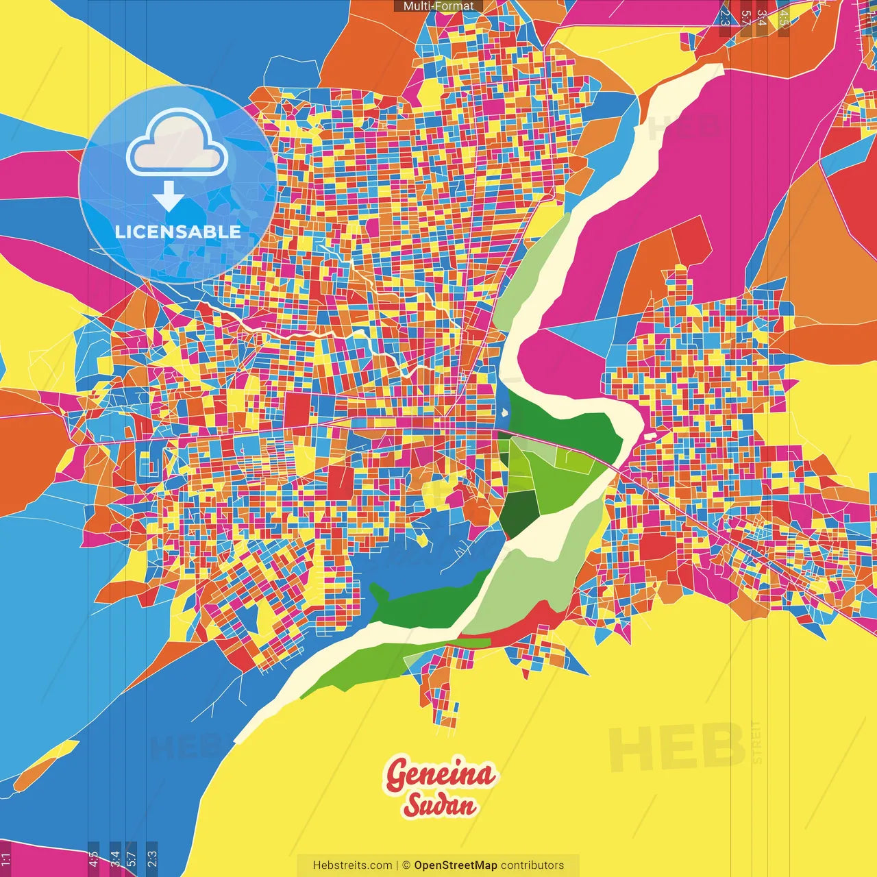 Geneina, Sudan Crazy Colorful Street Map Poster Template