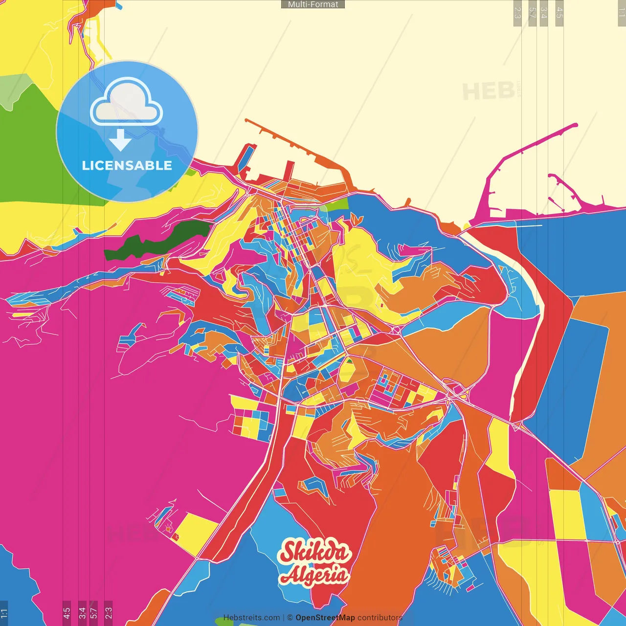 Skikda, Algeria Crazy Colorful Street Map Poster Template