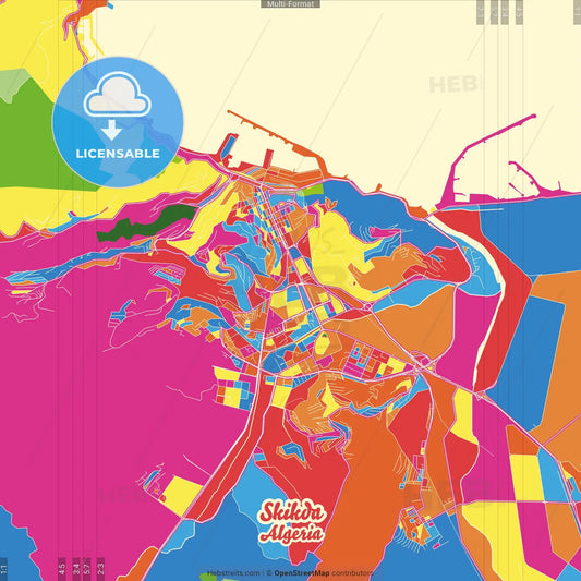 Skikda, Algeria Crazy Colorful Street Map Poster Template