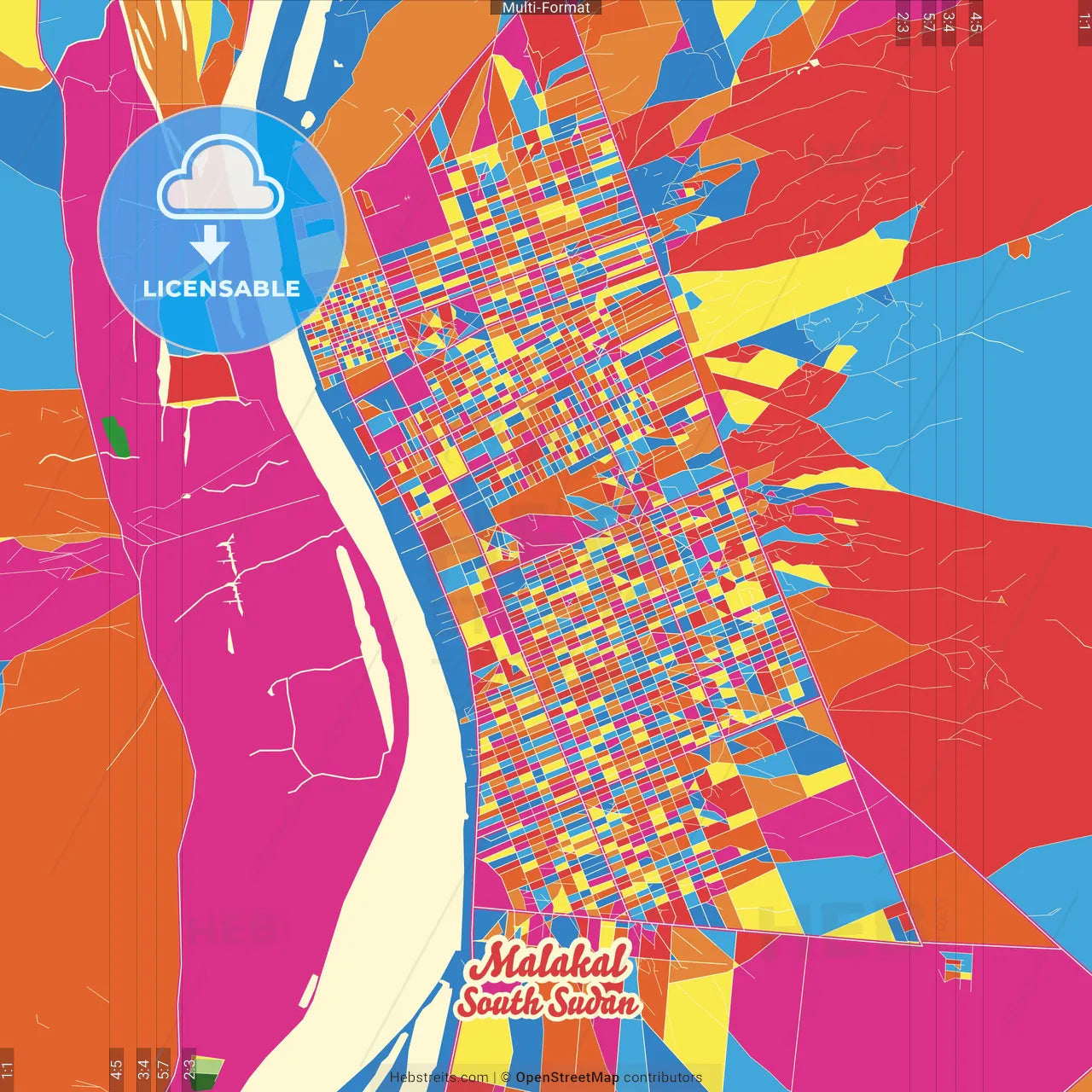 Malakal, South Sudan Crazy Colorful Street Map Poster Template