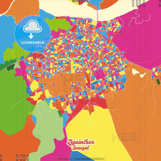 Ziguinchor, Senegal Crazy Colorful Street Map Poster Template