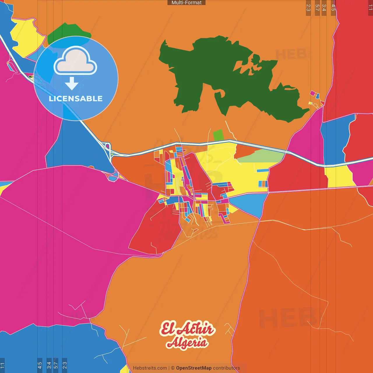 El Achir, Algeria Crazy Colorful Street Map Poster Template