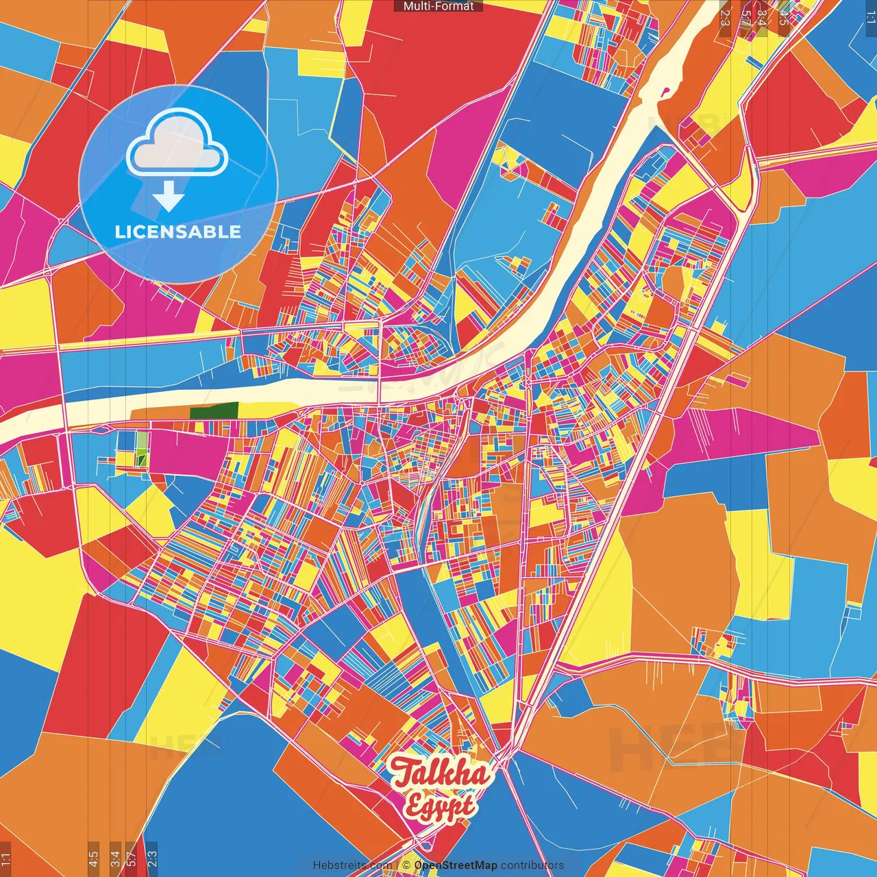 Talkha, Egypt Crazy Colorful Street Map Poster Template