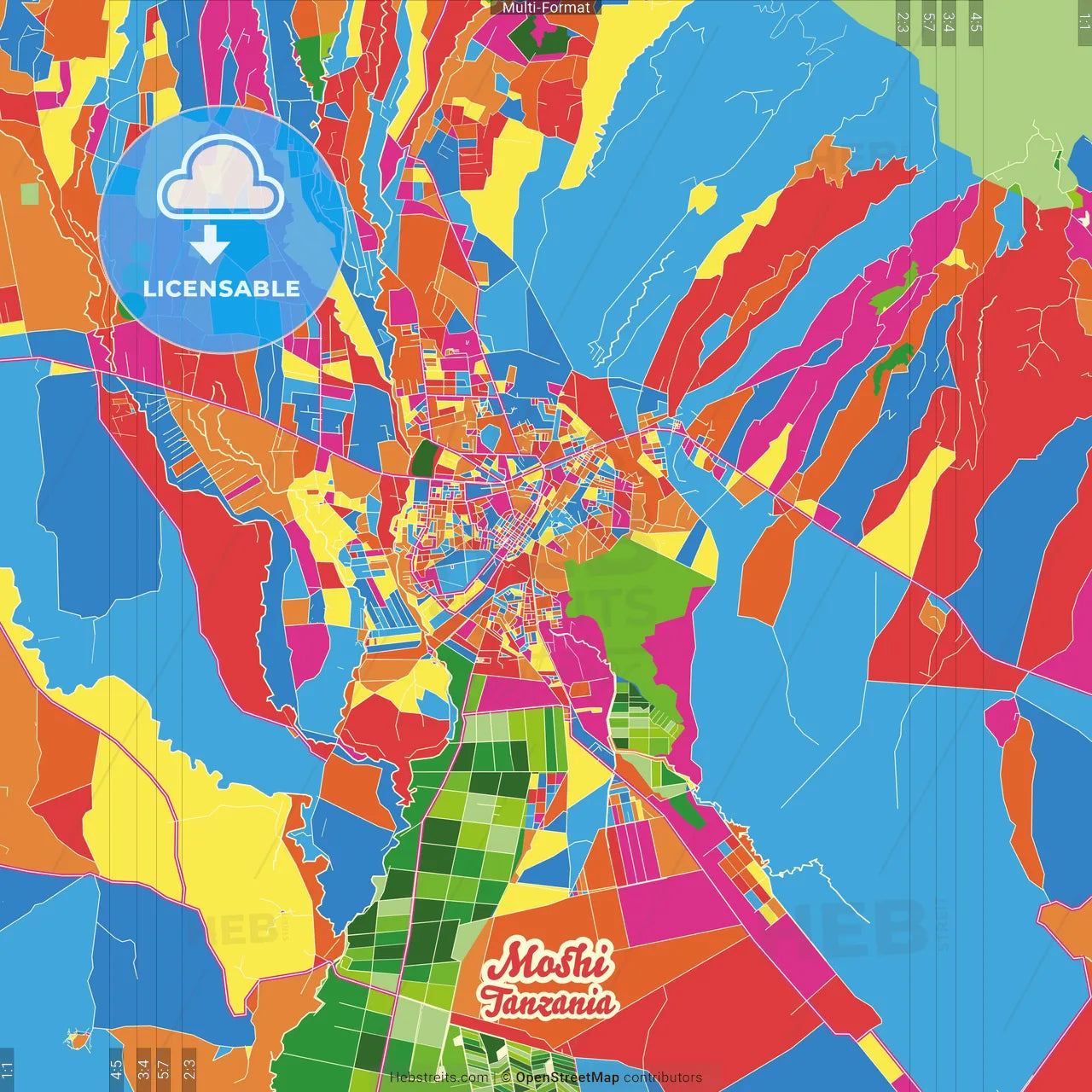 Moshi, Tanzania Crazy Colorful Street Map Poster Template
