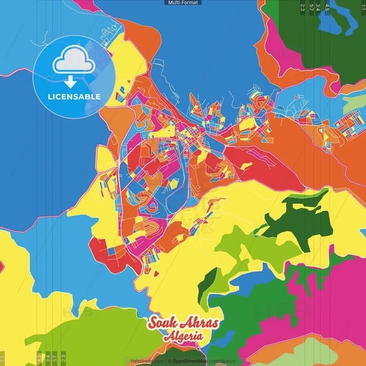 Souk Ahras, Algeria Crazy Colorful Street Map Poster Template