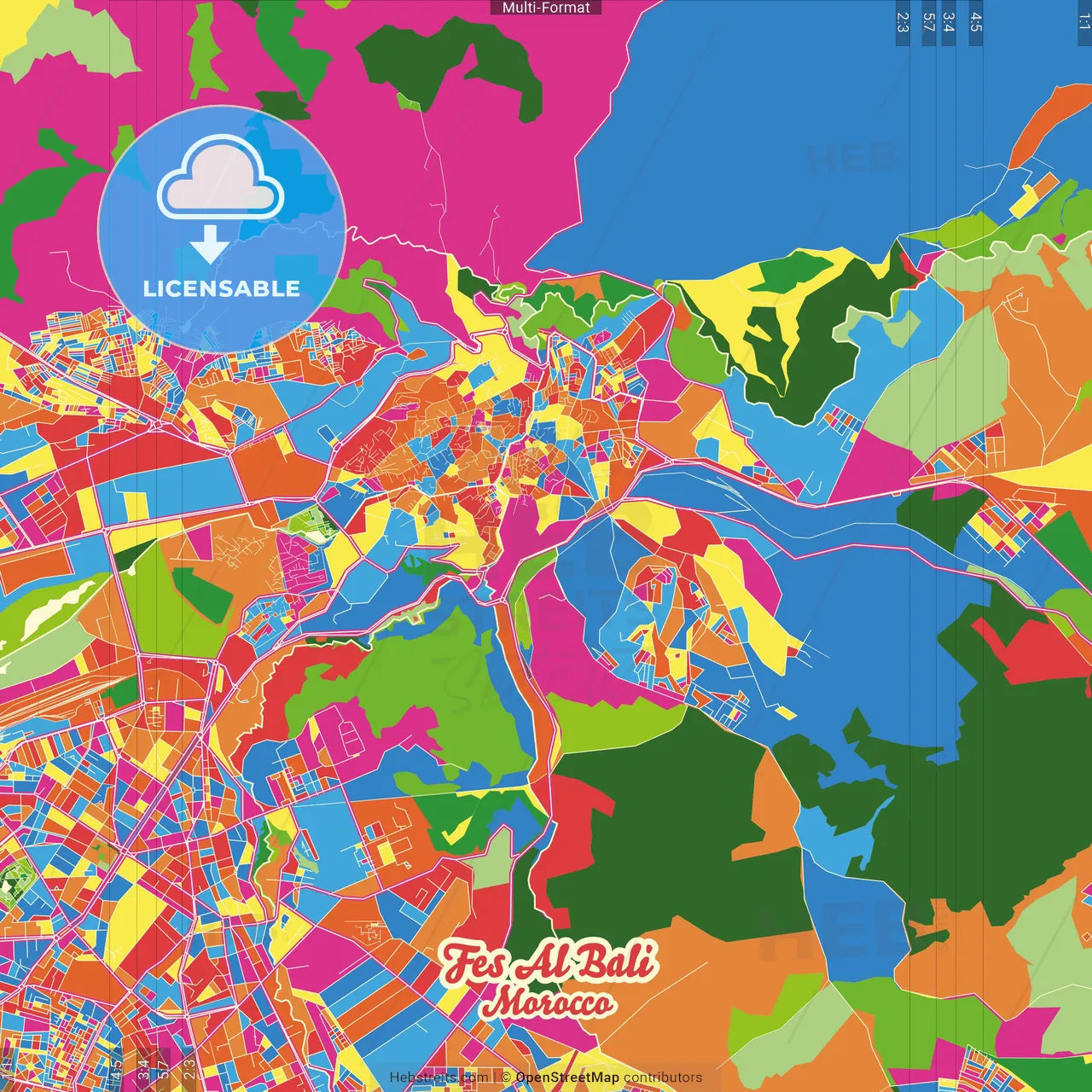 Fes al Bali, Morocco Crazy Colorful Street Map Poster Template