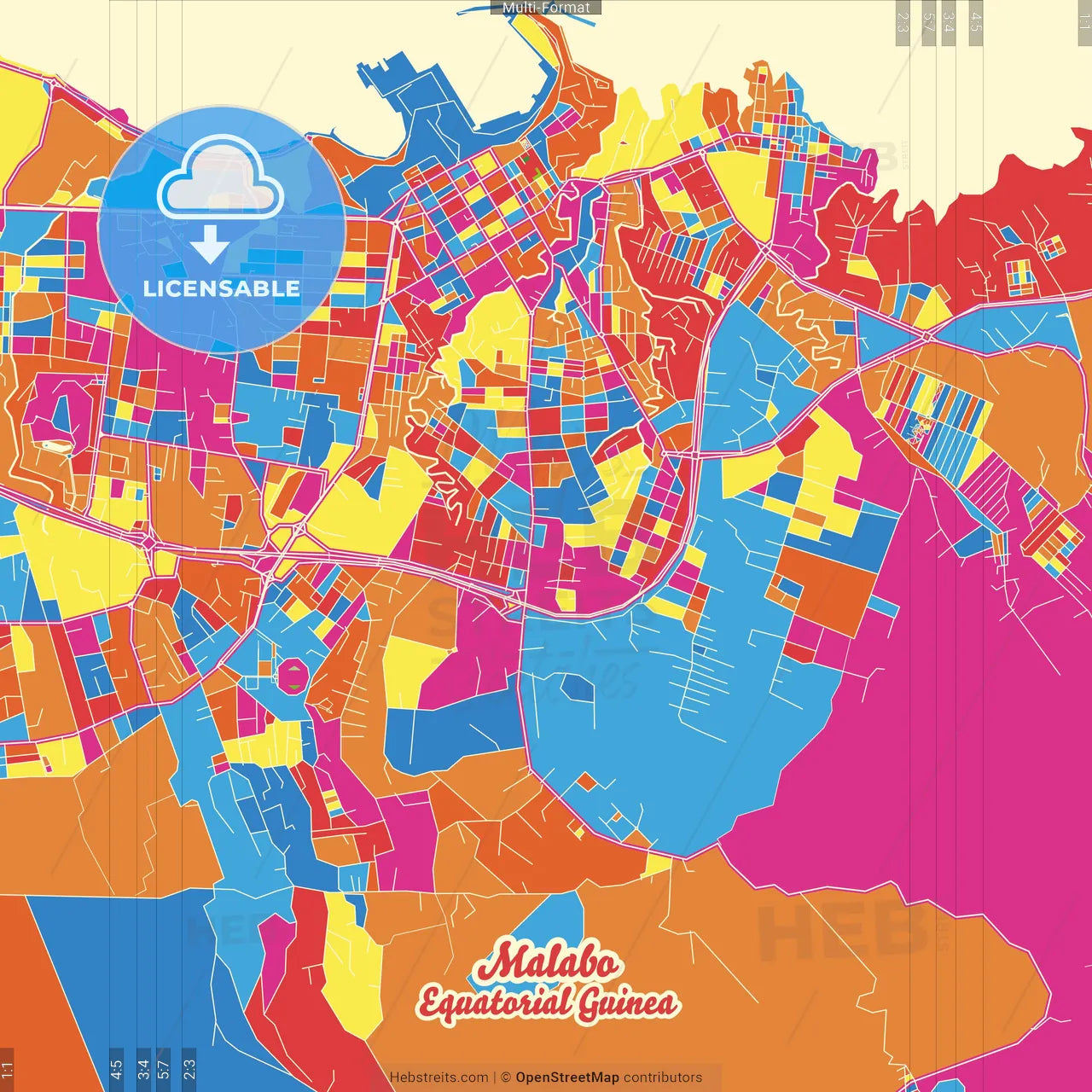 Malabo, Equatorial Guinea Crazy Colorful Street Map Poster Template
