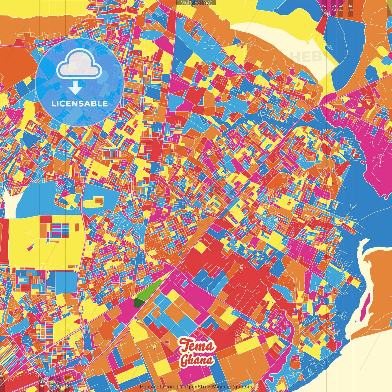 Tema, Ghana Crazy Colorful Street Map Poster Template