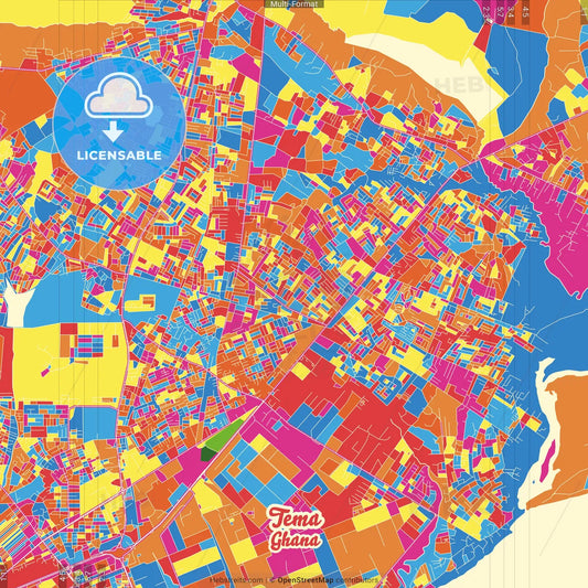 Tema, Ghana Crazy Colorful Street Map Poster Template