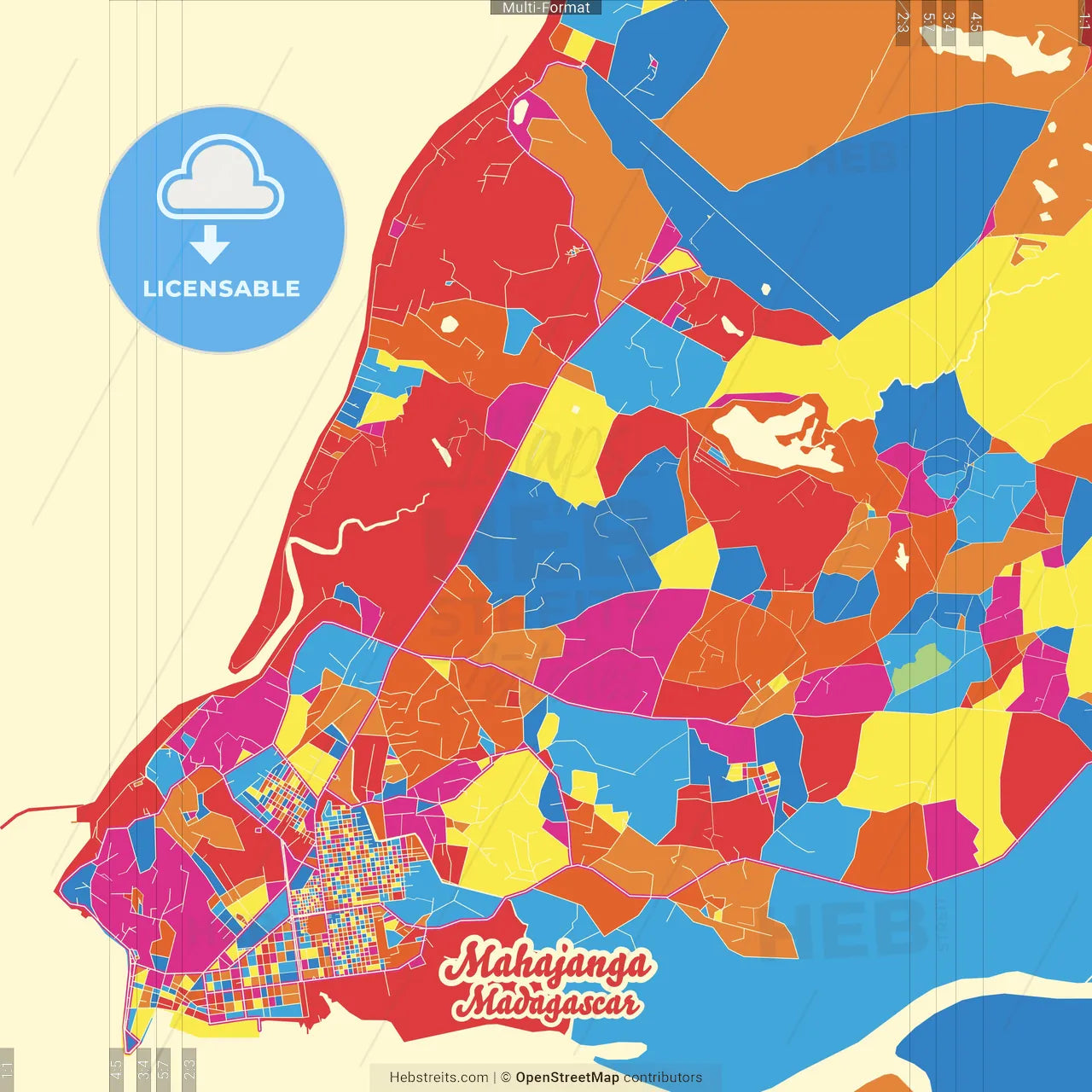Mahajanga, Madagascar Crazy Colorful Street Map Poster Template