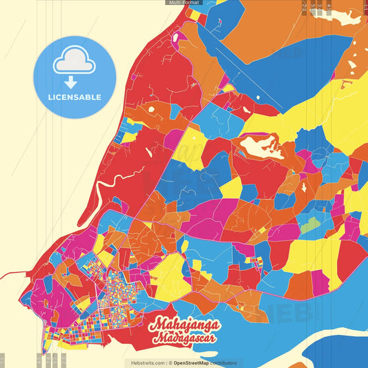 Mahajanga, Madagascar Crazy Colorful Street Map Poster Template