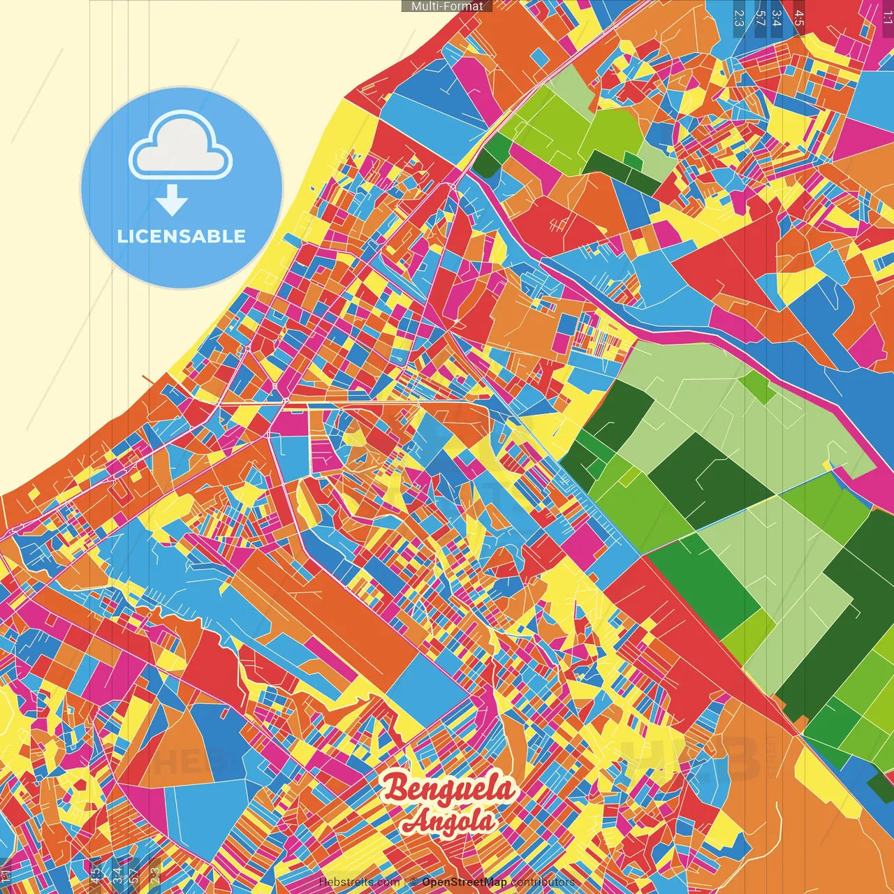 Benguela, Angola Crazy Colorful Street Map Poster Template