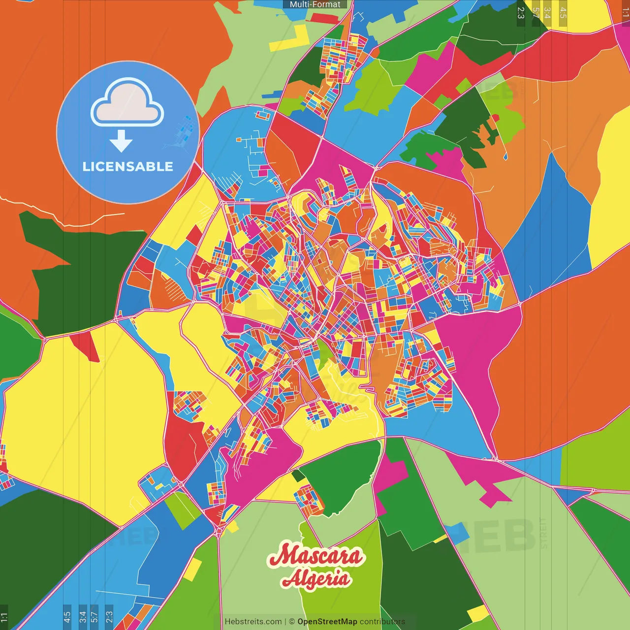 Mascara, Algeria Crazy Colorful Street Map Poster Template