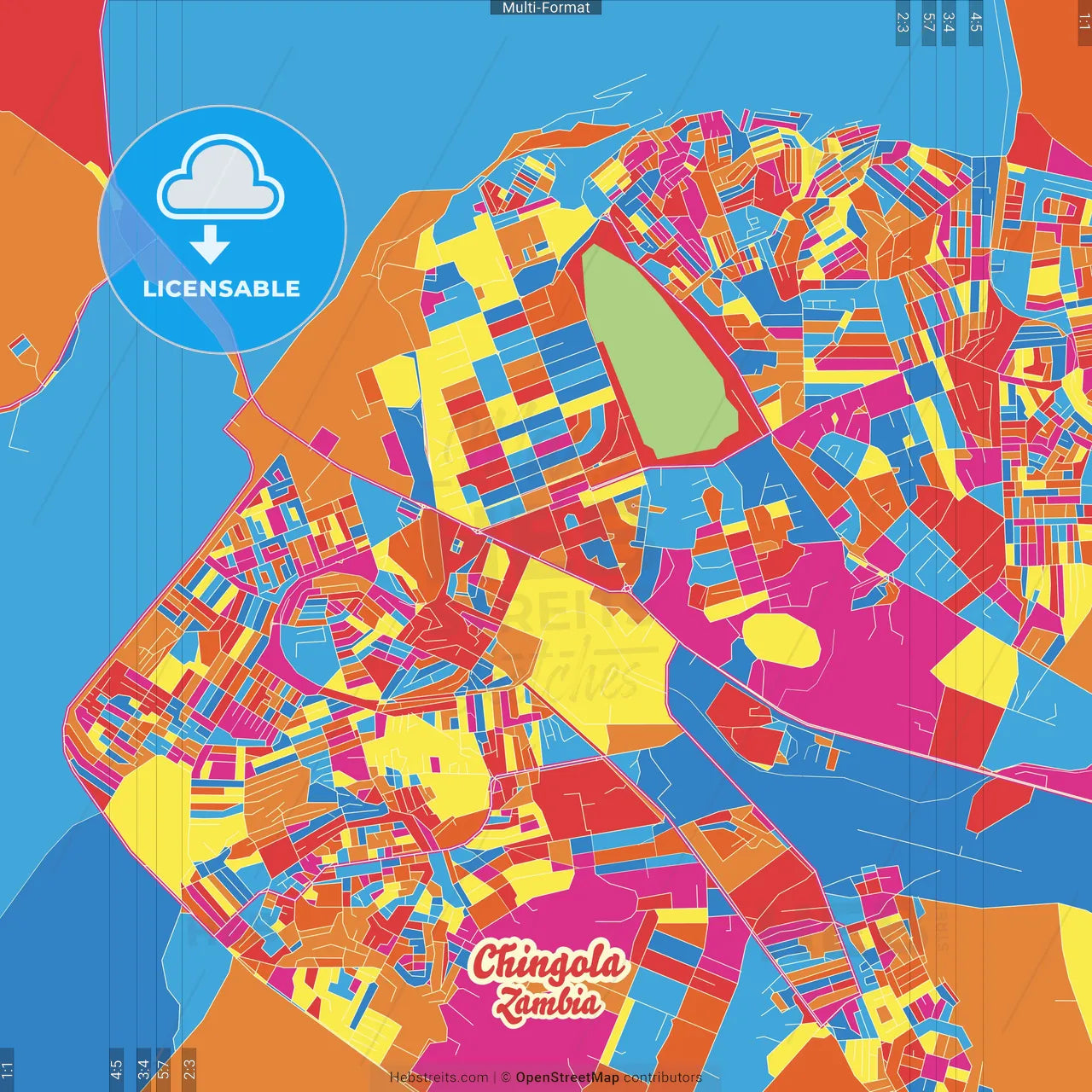 Chingola, Zambia Crazy Colorful Street Map Poster Template