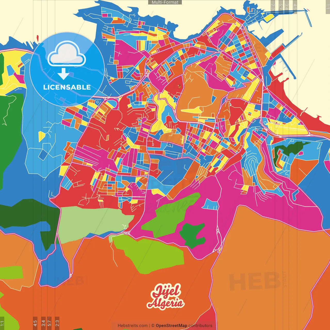 Jijel, Algeria Crazy Colorful Street Map Poster Template