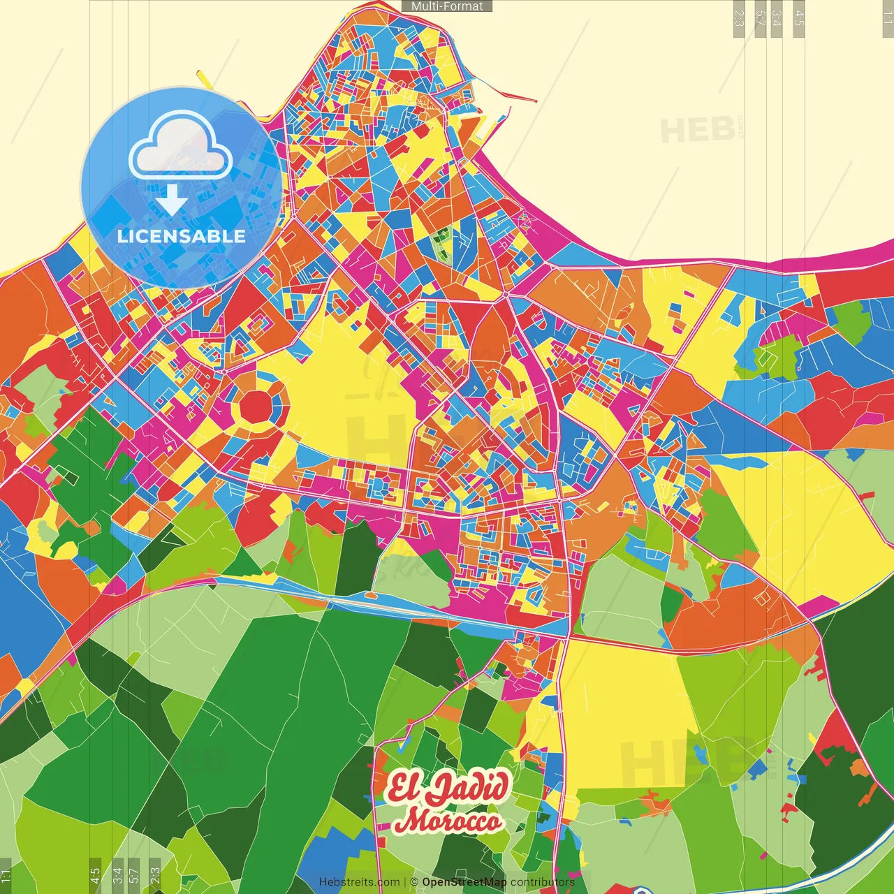 El Jadid, Morocco Crazy Colorful Street Map Poster Template